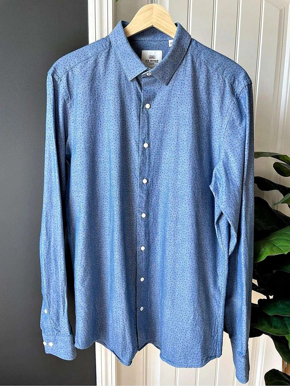 Ben Sherman Tailoring Skinny Fit Blue Polka Dot Cotton L/S Button Up Size 16
